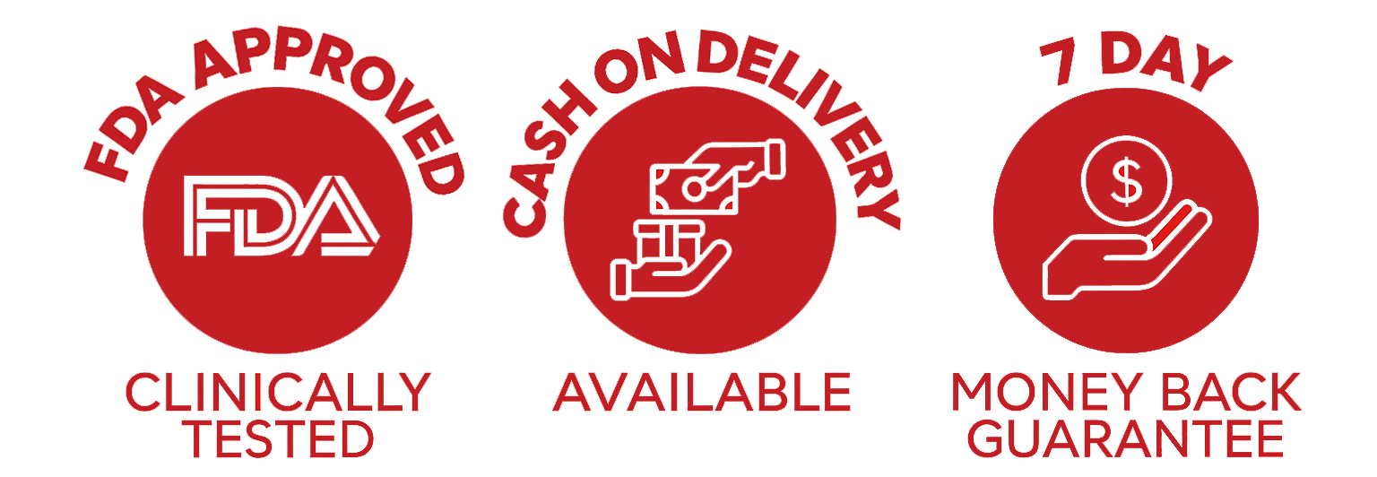 Three red circular icons with text and symbols indicating FDA approval, cash on delivery availability, and a money back guarantee.