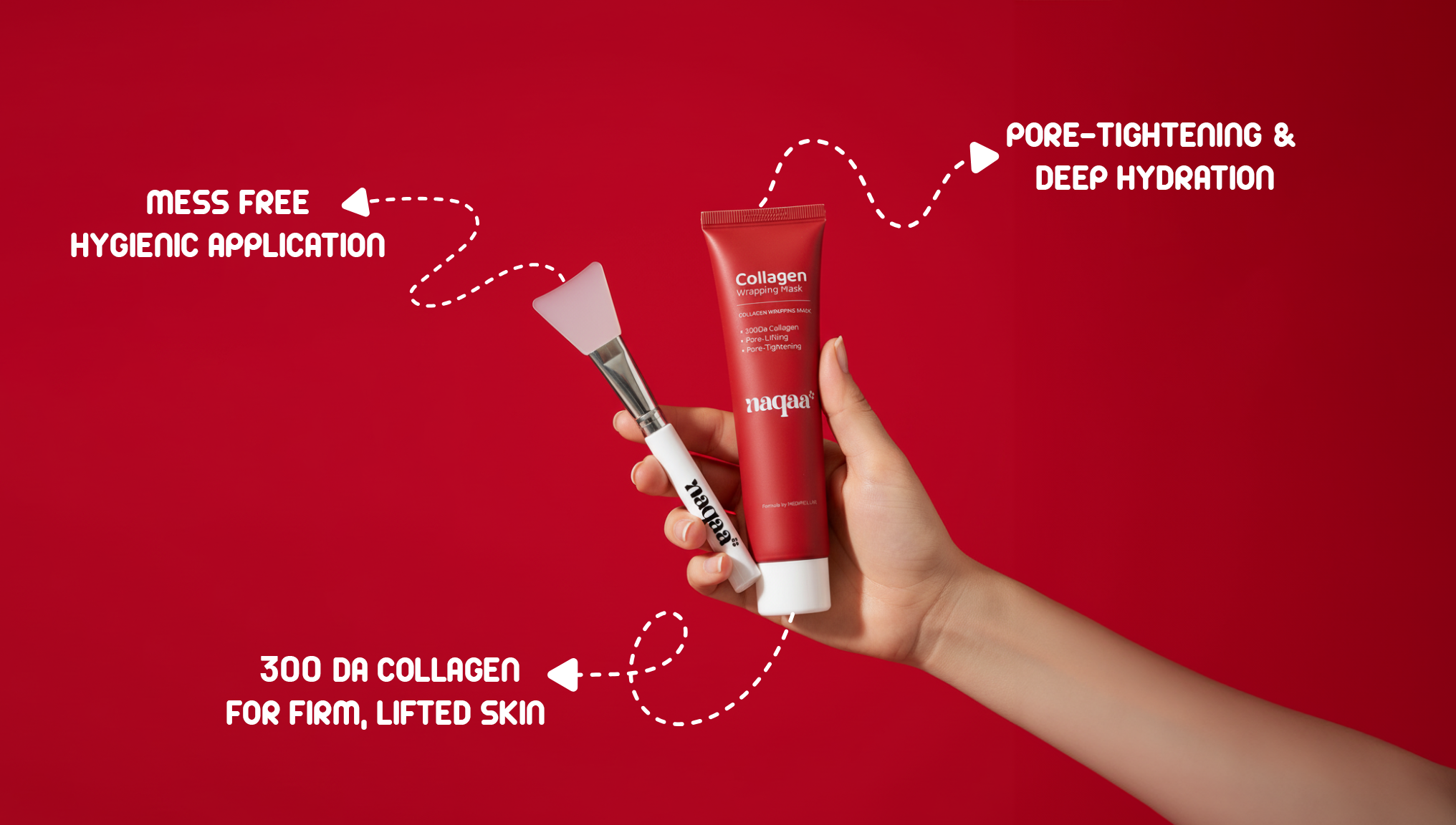 An infographic showing a hand holding the Naqaa Collagen Wrapping Mask and applicator, with its benefits listed: mess-free hygienic application, pore-tightening & deep hydration, and 300Da collagen for firm, lifted skin