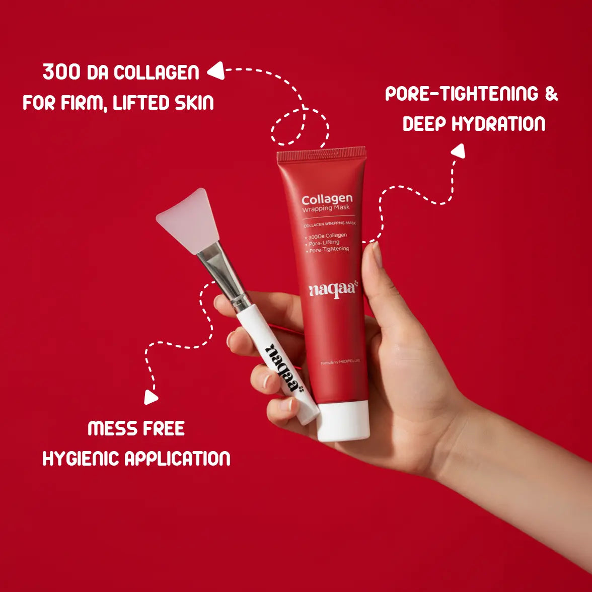 Infographic for Naqaa Collagen Wrapping Mask listing its benefits: 300Da collagen for firm skin, pore-tightening, deep hydration, and mess-free hygienic application